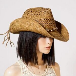 Brown Wide Brim Sea Shells Straw Cowboy Hat
